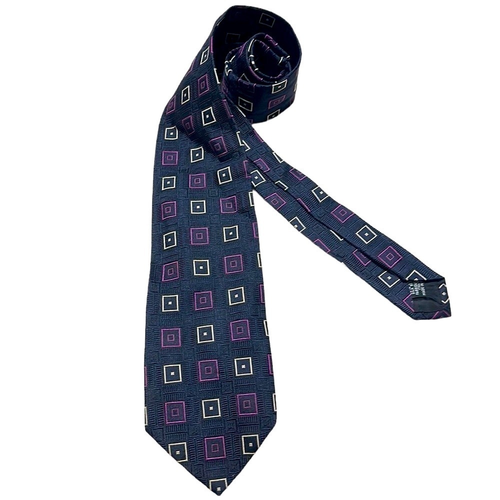 Hugo Boss Tie Navy With Multi Color Squares 100% Silk OS